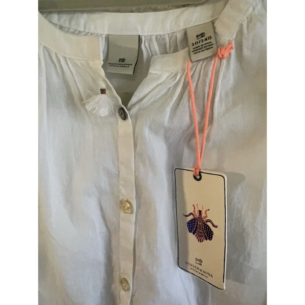 Girls Scotch & Soda Sz 10 White Pom Pom Sleeve Boho Festival Blouse NWT Cotton